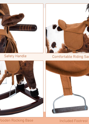 Kids Wooden Plush Ride-On Rocking Horse Chair Toy with Realistic Sounds Dark Brown/White