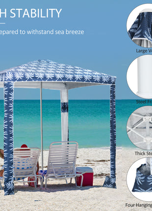 Quick Beach Cabana Canopy Umbrella, 6.5' Easy-Assembly Sun-Shade Shelter with Sandbags and Carry Bag, Cool UV50+ Fits Kids & Family, Blue Coconut Palm