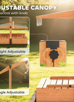 Kids Sandbox with Lid, Wooden Sand Pit with Canopy, Foldable Picnic Table, Bench Seats, Bottom Liner, Cover, Brown