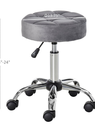 Round Rolling Stool with Height Adjustable Lift, Vanity Chair with Luxury Style Upholstery, Office Chair with Swivel Seat and Wheels for Work Spa Salon, Grey