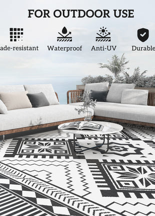Reversible Outdoor Rug, Waterproof Plastic Straw with Carry Bag, 9' x 12', White & Black Toothed Rhombus