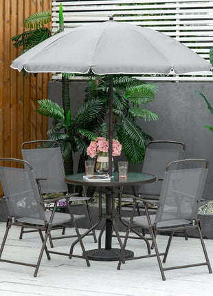 6 Piece Patio Dining Set for 4 with Umbrella, with 4 Folding Dining Chairs & Round Glass Table for Garden, Gray