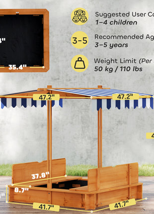 Wooden Kids Sandbox with Cover, Children Outdoor Sand Box with Foldable Bench Seats and Adjustable Canopy, Brown