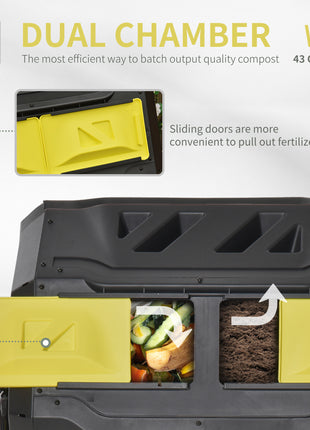 Tumbling Compost Bin Outdoor 360° Dual Chamber Rotating Composter 43 Gallon, Yellow