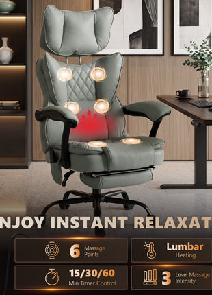 High Back Vibration Massage Office Chair, Heated Reclining PU Leather Computer Chair with Headrest, Gray