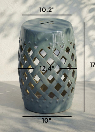 13" x 18" Ceramic Garden Stool with Woven Lattice Design & Glazed Strong Materials Decorative Outdoor Stool, Green