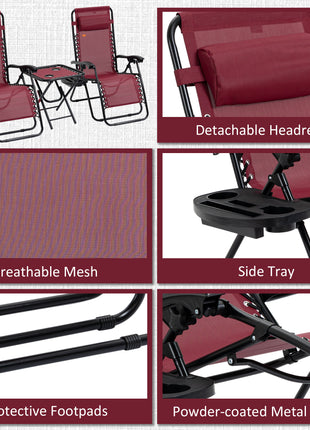 Zero Gravity Chair Set with Side Table, Folding Reclining Chair with Cupholders & Pillows, Adjustable Lounge Chairs for Pool, Backyard, Lawn, Beach, Wine Red