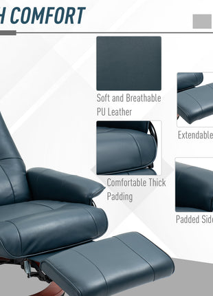 Faux Leather Manual Recliner, Adjustable Swivel Lounge Chair with Footrest, Armrest and Wrapped Wood Base for Living Room, Blue