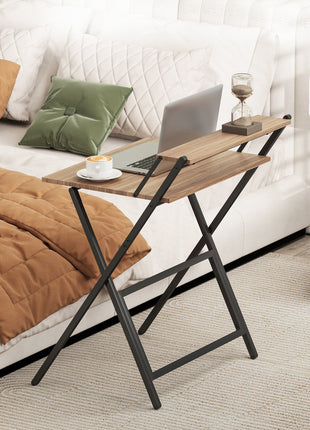 Folding Computer Desk, 27.6" Foldable Desk with Monitor Shelf for Small Space, Home Office, Study, Easy Assembly, Walnut