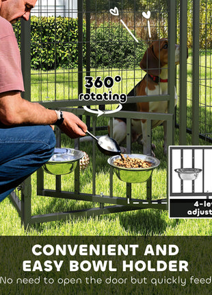 Welded Wire Outdoor Dog Kennel with 360° Rotating & 4 Levels Adjustable Bowls, Waterproof Cover, 3.9' x 3.9' x 4.5'