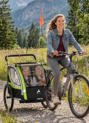 3-in-1 Bike Trailer for Kids, Running Stroller with 2 Seats, Jogging Cart with 5-Point Harness, Storage Units, Green