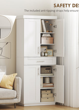 Modern Kitchen Pantry Freestanding Cabinet Cupboard with Doors and Drawer, Adjustable Shelving, White