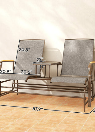 Outdoor 2-Person Glider Bench, Outside Glider Swing Chair Loveseat with Table, Steel Frame, Light Mixed Brown
