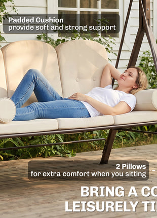 3-Seat Patio Swing Chair, Outdoor Porch Swing Glider with Adjustable Canopy, Removable Cushion, Pillows and Side Trays, for Garden, Poolside, Backyard, Beige