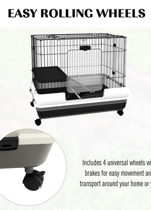 2-Level Small Animal Cage Rabbit Hutch with Wheels, Removable Tray, Platform and Ramp for Bunny, Chinchillas, Ferret, Black