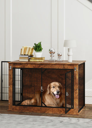 39" Dog Crate Furniture with Flip-up Top Opening, 2 Doors, Dog Kennel Furniture for Large Dogs, Rustic Brown
