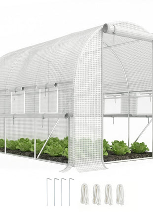 9.7' x 6.5' x 6.5' Walk-in Tunnel Greenhouse, Outdoor Green House with Anti-Tear PE Cover, Zipper Doors and Mesh Windows, White