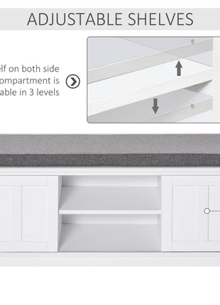 Entryway Shoe Bench Storage Ottoman with Sliding Doors, Adjustable Shelving, 6 Compartments, and Padded Seat, Holds 10 Pairs, White