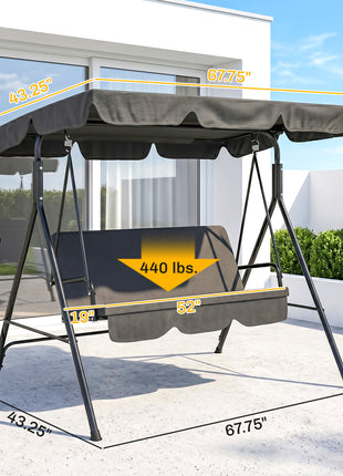 3-Seat Outdoor Patio Swing Chair w/ Cushion, Steel Frame Stand, Adjustable Tilt Canopy for Patio, Garden, Black 2
