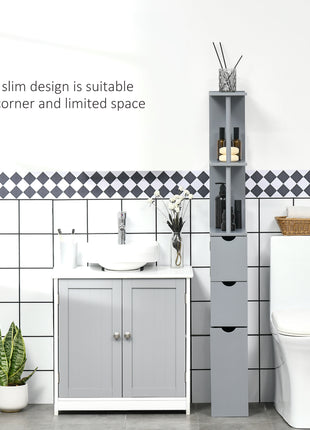 54" Tall Bathroom Storage Cabinet, Freestanding Linen Tower with 2-Tier Shelf and Drawers, Narrow Side Floor Organizer, Grey