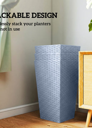 Tall Planters for Outdoor Plants Set of 3, 24 In Taper Planters with Drainage Holes, Rattan Decor Plant Pots, Light Gray