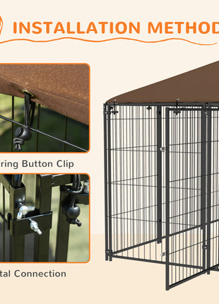 6.9' x 6.9' x 5' Outdoor Dog Kennel with Canopy Garden Playpen Fence Crate Enclosure Cage Rotating Bowl, Coffee