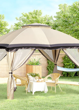 10' x 12' Outdoor Gazebo, Patio Gazebo Canopy Shelter w/Double Vented Roof, Zippered Mesh Sidewalls, Solid Steel Frame, Beige