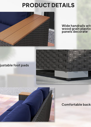 3-Seat Outdoor Patio Sofa, PE Wicker Outdoor Couch with  Extra Wide Deep Seat, Wide Armrests 4" Cushions, Navy Blue