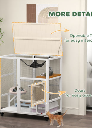 Cat House, Indoor Cat Enclosure on Wheels with Openable Top, 39", White
