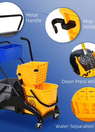 2 x 6.9 Gallon Mop Water Bucket Wringer Cart with Easy to Use Side Press Wringer, Smooth Wheels, Mop-Handle Holder