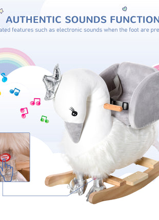 Kids Ride on Horse Swan Rocker with Sound, Plush Seat, Wooden Base, Safety Belt for Toddlers 18-36 Months, White