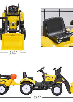 Ride-On Kids Bulldozer/Excavator Toy with Real Working Dirt Bucket, Easy Pedal Controls, 6 Wheels, & Cargo Trailer