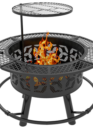Wood Burning Fire Pit, Charcoal BBQ Grill, Portable Firepit with Cooking Grate, Pan, and Poker, 33", Black