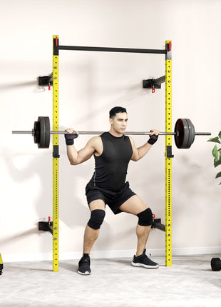 Folding Squat Rack with Pull Up Bar, Wall Mounted and Adjustable, 1000 Pounds Capacity Power Rack, Yellow
