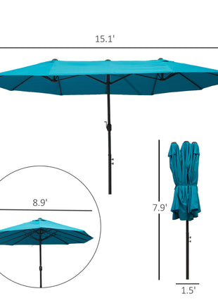 Patio Umbrella 15ft Double-Sided Outdoor Market Extra Large Umbrella with Crank Handle for Deck, Lawn, Backyard and Pool, Blue
