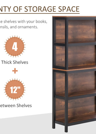 Shelves for Storage, 4 Tier Bookshelf Utility Organizer with Back Support and Anti-Topple Design, Walnut/Black