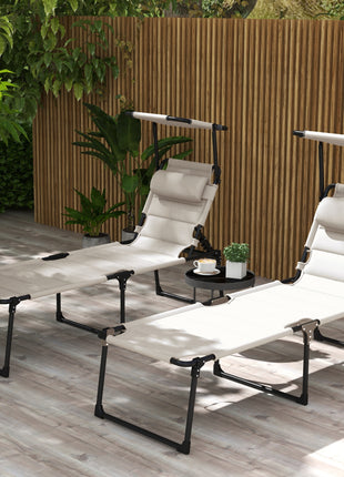 2 Pcs Outdoor Lounge Chair, 4 Position Adjustable Backrest, Folding, Cushioned w/ Sun Shade Roof & Pillow, Cream White