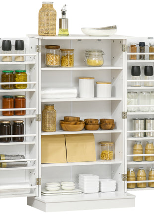Freestanding Kitchen Pantry Cabinet, Kitchen Sideboard Cabinet with 12 Door Shelves, Double Doors, 5-tier Shelving, Paper White