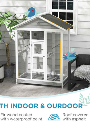 64.5" Wooden Bird Cage Aviary, Flight Cage with 4 Perches, Nest and Slide-Out Tray for Indoor/Outdoor, Gray