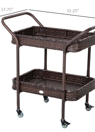 PE Rattan Outdoor Bar Table, Outdoor Kitchen Island with 2-Tier Shelf, Wheeled Patio Serving Cart with Brakes for Poolside, Garden, Brown