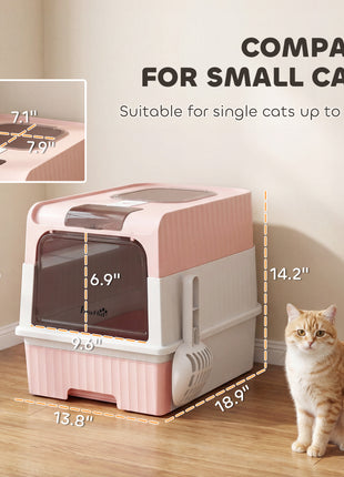 Cat Litter Box Hooded Cat Litter Tray with Drawer Pan Front Entry & Top Exit Easy Cleaning Pink