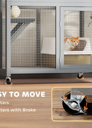 74" Wooden Outdoor Cat House Catio with High Weight Capacity, Cat Cage Condo, Dark Gray