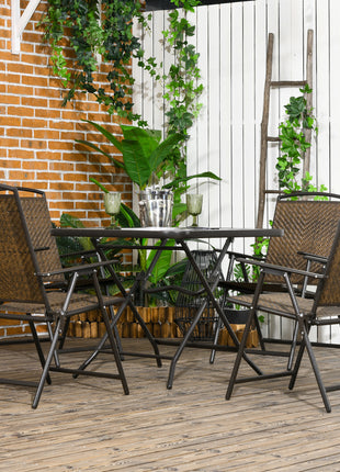 5 Pieces Patio Table and Chairs, Foldable Wicker Outdoor Dining Table Set with Umbrella Hole, Dark Brown
