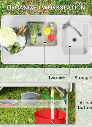 Folding Fish Cleaning Table with Sinks, Portable Camping Sink Table with Faucet, Drainage Hose, Sprayer, Shelf, Drawer and Storage Basket, Outdoor Fillet Table for Picnic Beach Patio, Gray