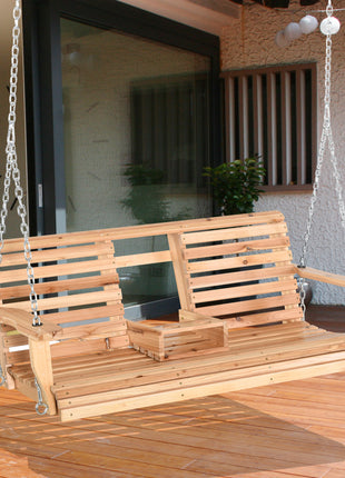 3-Seater Wooden Porch Swing, Patio Swing Bench with Folding Coffee Table, Cup Holders and Chains Included, 440lbs Weight Capacity, Natural