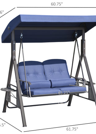 2-Person Patio Swing Bench with Adjustable Shade Canopy, Soft Cushions, Throw Pillows and Tray, Dark Blue