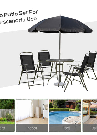 6 Piece Patio Dining Set for 4 with Umbrella, Outdoor Table and Chairs with 4 Folding Dining Chairs & Round Glass Table for Garden, Backyard and Poolside, Black and Coffee