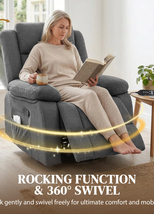 Recliner Massage Armchair with Heat, Oversized Swivel Rocker with Footrest, Remote and Side Pockets, Gray