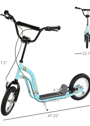 Youth Scooter Front and Rear Caliper Dual Brakes 12-Inch Inflatable Front Wheel Ride On Toy For Age 5+ - Blue