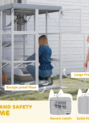 Large Outdoor Catio Cat Enclosure with Hammock, Condo, Jump Platforms, Ladders, Ramps, Tarp, for 2-4 Large Cats, Gray
